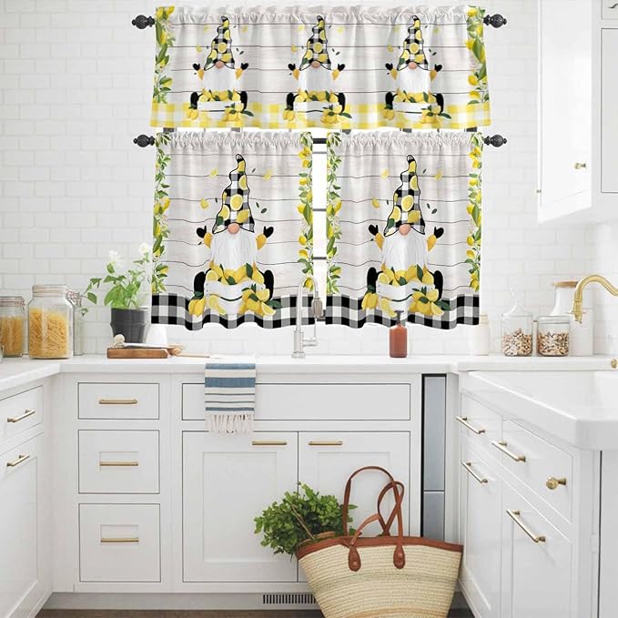 Lemon Gnomes Kitchen Curtains Set 3 Piece for Windows, Rod Pocket Valance and Tier Set 36 Inch Length, Summer Botanical Fruit Wooden Grain Plaid Light Filtering Cafe Curtains for Living Room Bathroom