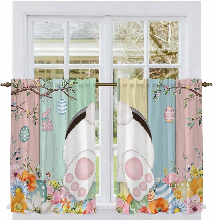 Easter Kitchen Curtains 54 Inch Long 2 Panel Set, Rod Pocket Window Curtains Panels, Spring Colorful Bunny Eggs Flower Wood Grain Light Filtering Privacy Draperies for Bedroom Laundry 42"W x 54"L