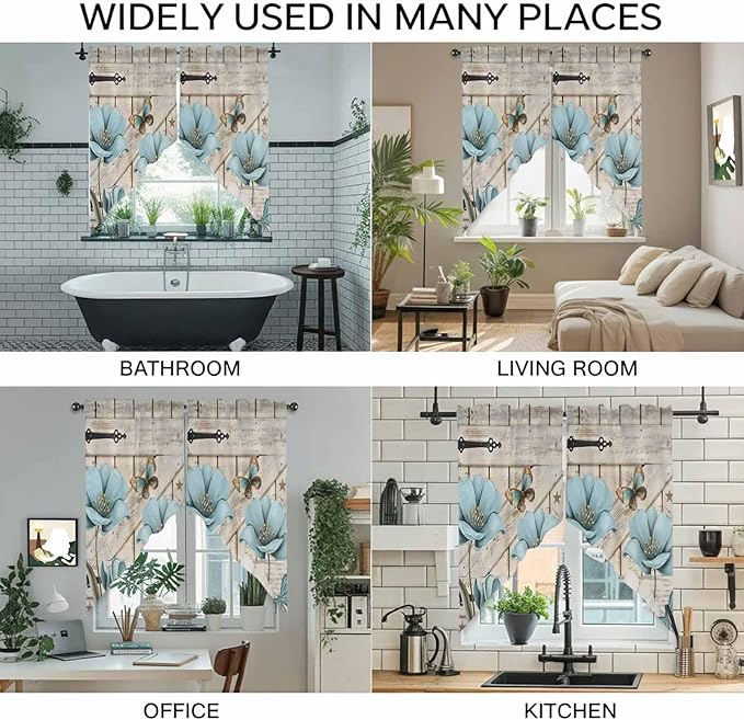 Teal Blue Tulips Swag Valances for Windows, Spring Floral Barn Doors Vintage Wood Beige Rod Pocket Kitchen Curtains Valance, Small Window Curtains Swag for Cafe Living Room, 2 Panels, 28x36 inch