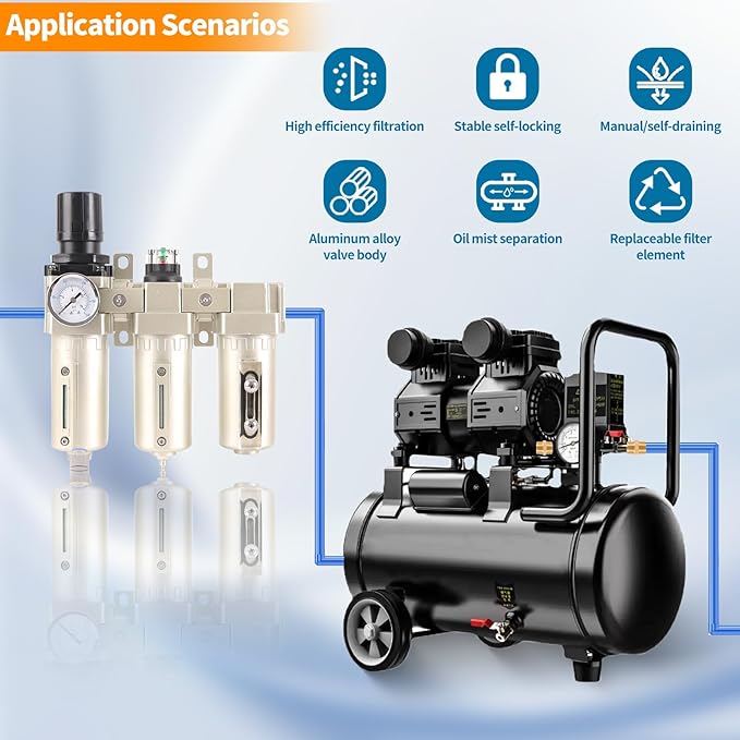 3/4" NPT Industrial Grade 3 Stage Air Compressor Drying System, 0-240 PSI, Particulate & Coalescing Filters, Auto Drain Air Compressor Water Separator System Filter Oil for Paint Spray＆ Plasma Cutter