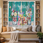 Spring Flowers Kitchen Curtains, Farmhouse Watercolor Teal Wood Grain Light Filtering Window Curtain Panels, 2Pcs Rod Pocket Window Treatments Set for Living Room Bathroom Bedroom 42x63 Inches