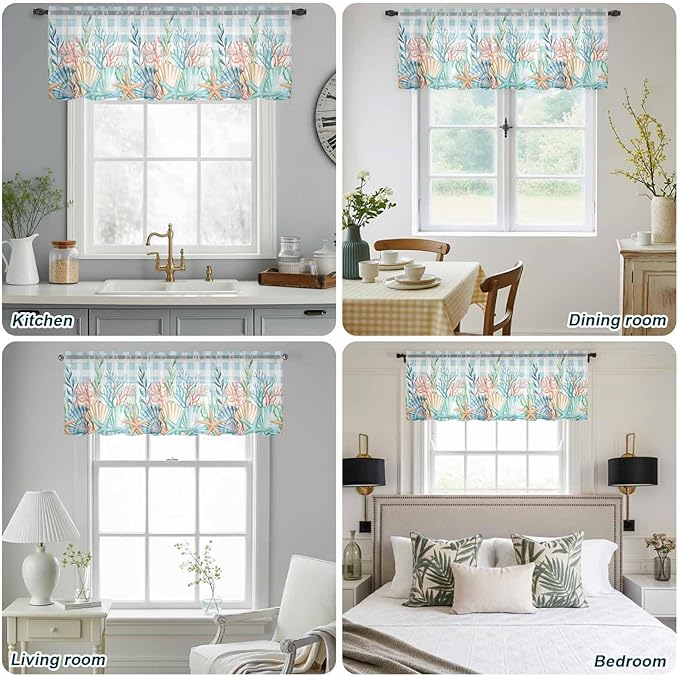Summer Beach Sheer Valance Curtains, Ocean Colorful Coral Shell Seaweed Starfish Blue Plaid Light Filtering Kitchen Valances Rod Pocket Voile Curtain Treatment for Bedroom/Living Room/Basement 54Wx18L