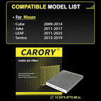 Cabin Air Filter w/Activated Carbon for 2009-2014 Nissan Cube, 2011-2017 Juke, 2011-2025 LEAF, 2013-2019 Sentra, 27277-3DF0A, 27891-1FC0A, 27891-1FD0A, 27891-3DF0A, 2014 2015 2016 2017 2018