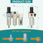 3/4" NPT Industrial Air Dryer for Compressor,3 Stage Air Compressor Water Separator System,Filter Oil Water Separator Dryer for Plasma Cutter and Paint Spray,Auto Drain