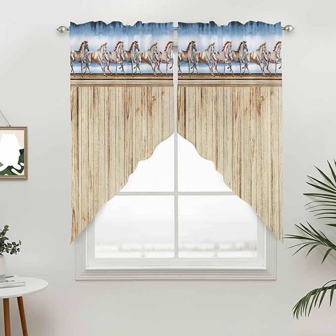 Western Horse Swag Valances for Windows, Farmhouse Wooden Grain Vintage Cowboy Barn Door Rod Pocket Kitchen Curtains Valance, Kitchen Window Curtains Swag for Cafe Living Room, 2 Panels, 36x45 inch