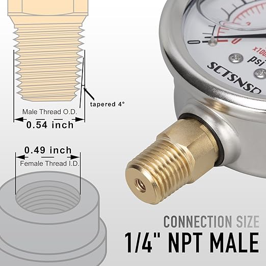 0 to 60 Psi Pressure Gauge, Glycerin Liquid Filled, 2.5 inch Dial, 1/4" NPT Lower Mount, Stainless Steel Case, for Pool Sand Filter, Water Pump, Propane, Coolant, CO2, Gas, Low Pressure Test