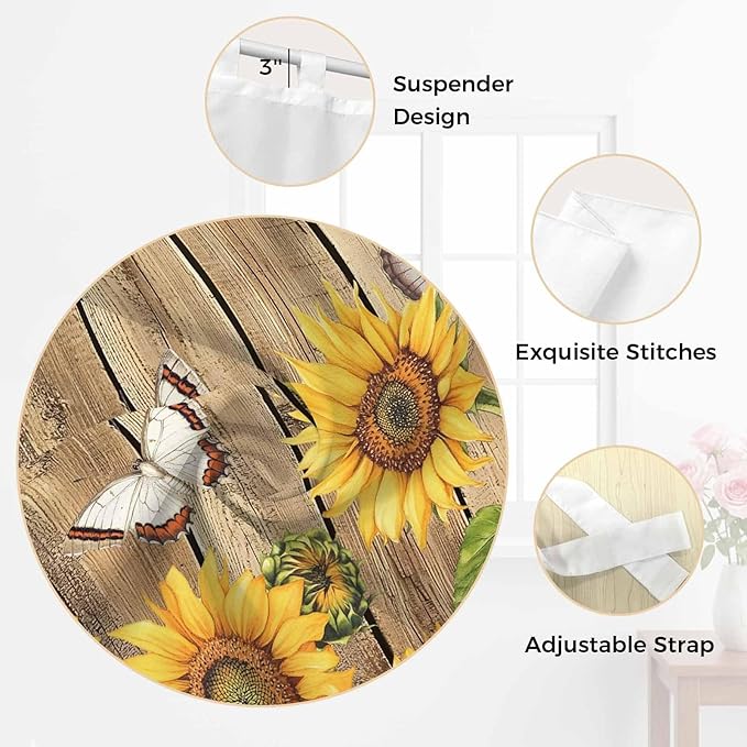 Farmhouse Sunflowers Kitchen Curtains 24 Inch Length, Small Window Curtains Tab Top, Rustic Floral Buttterfly Wood Board Brown Light Filtering Short Window Treatments Tier Drapes 27.5"x24" 2 Panel