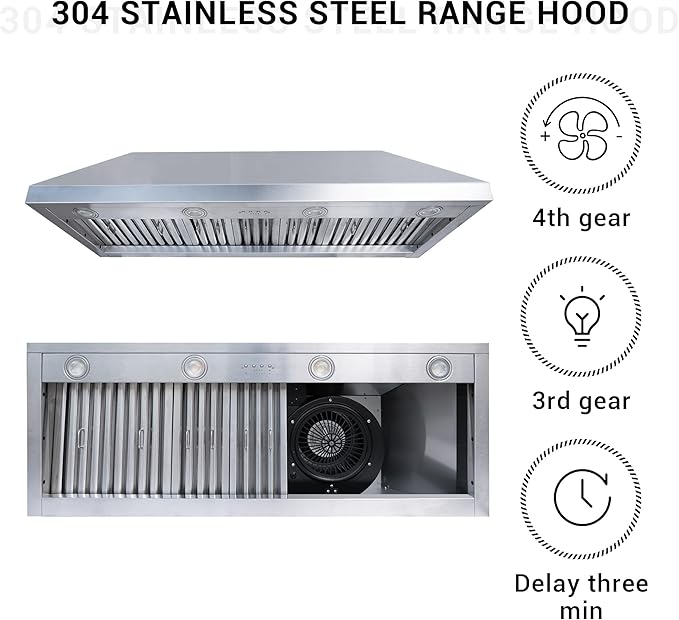 CHETTO C Stainless Steel Range Hood Cover with 4-Speed Vent Hood Insert Custom Handmade Metal Kitchen Fan with Towel Rack LED Light 42"W x24"D x33"H Black Wall Mount