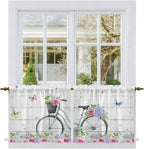Spring Tier Curtains, Bicycles Botanical Rose Leaves Butterfly Wood Grain Light Filtering Kitchen Curtains, 2Pcs Rod Pocket Half Window Treatments Panels for Sink Cafe Cabinet Camper 27.5x24 Inches