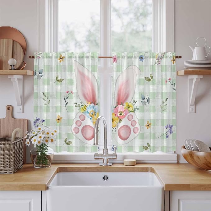 Easter Kitchen Curtains 54 Inch Long 2 Panel Set, Rod Pocket Window Curtains Panels, Spring Bunny Ears Feet Flowers Green Plaid Light Filtering Privacy Draperies for Bedroom Laundry 42"W x 54"L
