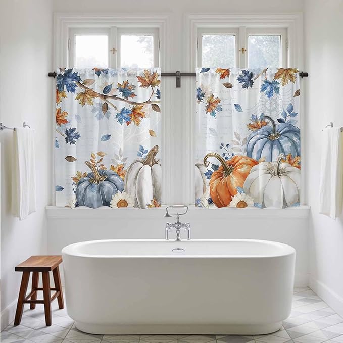 Fall Blue Maple Kitchen Curtains 54 Inch Long 2 Panel Set,Rod Pocket Window Curtains Panels,Thanksgiving Pumpkins Daisy Country Leaves Drapery Draperies for Bathroom Bedroom 52"W x 54"L