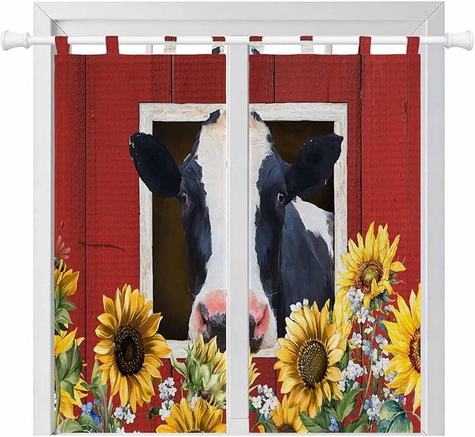 Cow Sunflowers Bedroom Curtains 72 Inch Length, Window Curtains Tab Top, Botanical Floral Leaves Bees Farm Barn Light Filtering Window Treatments Drapes 52"x72" 2 Panel