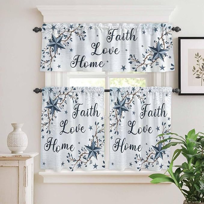 Texas Star Country Kitchen Curtains Set 3 Piece for Windows, Rod Pocket Valance and Tier Set 36 Inch Length, Blue Farmhouse Branches Light Filtering Cafe Curtains for Living Room Bathroom