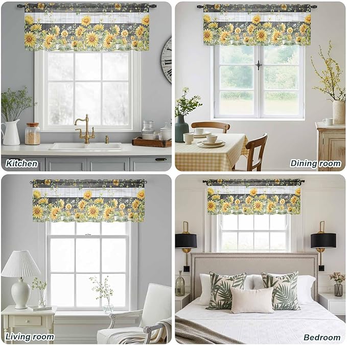 Summer Floral Sheer Valance Curtains, Watercolor Sunflower Eucalyptus Leaves Black Wood Grain Light Filtering Kitchen Valances Rod Pocket Voile Curtain for Bedroom/Living Room/Basement 42Wx18L