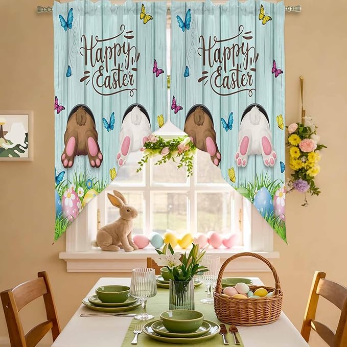 Swag Curtain Valances for Kitchen Windows,Happy Easter Bunny Butt Egg Floral Short Rod Pocket Window Valance,Spring Plant on Aqua Wood Swag Topper for Bedroom Living Room,2 Panels 28x36in