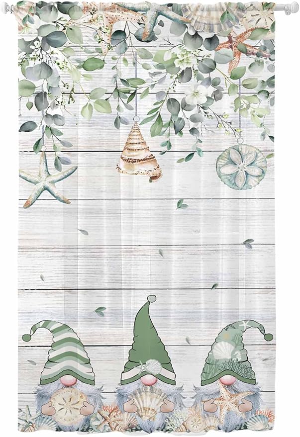 Sheer Curtains 96 Inches Long, Coastal Eucalyptus Leaf Semi Sheer Curtains Light Filtering Window Treatment, Sage Green Gnomes Starfish Privacy Voile Drapes for Living Room Bedroom 52x96 Inch