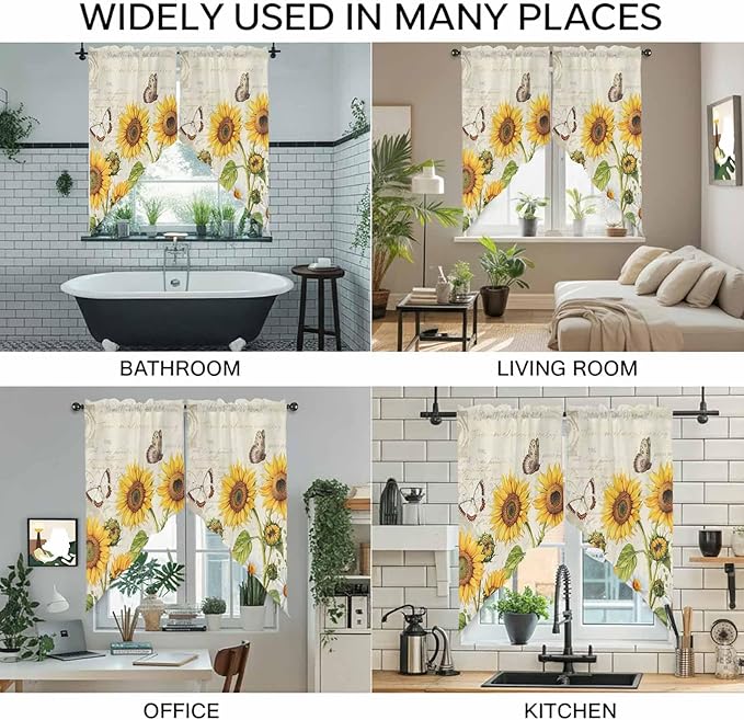 Farm Sunflowers Swag Valances for Windows, Retro Flowers Butterfly Botanical Beige Rod Pocket Kitchen Curtains Valance, Small Window Curtains Swag for Cafe Bathroom Living Room, 2 Panels, 36x36 inch