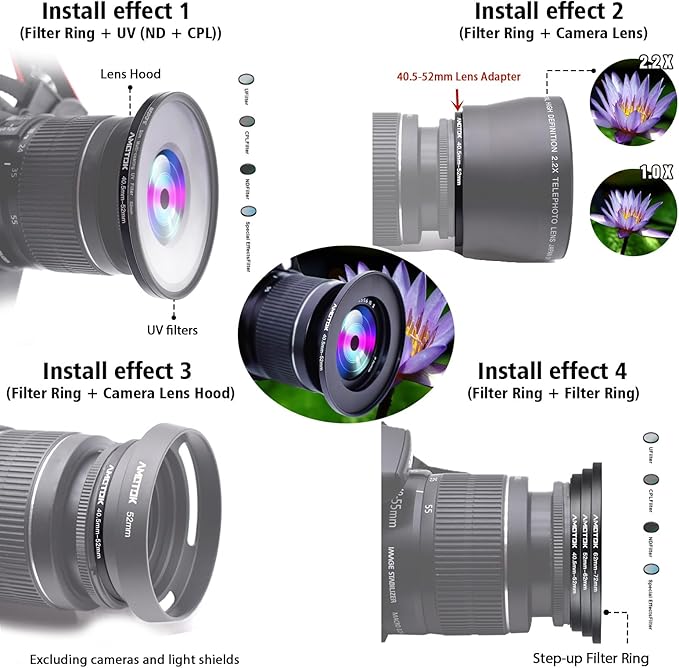 40.5mm Lens to 52mm Camera Lens Adapter,40.5mm to 52mm Filter Step up Ring Adapter Ring,Compatible All 52mm Filter Accessory.Made from CNC Machined