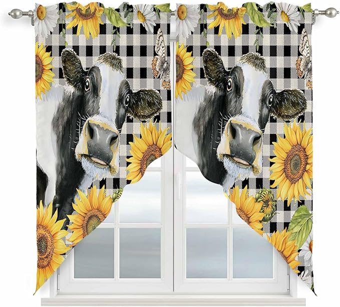 Retro Sunflowers Swag Valances for Windows, Farmhouse Floral Cow Butterfly Black Plaid Rod Pocket Kitchen Curtains Valance, Small Window Curtains Swag for Cafe Living Room, 2 Panels, 28x36 inch