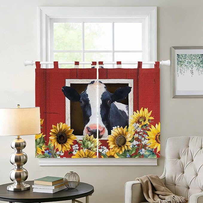 Cow Sunflowers Kitchen Curtains 45 Inch Length, Short Cafe Window Curtains Tab Top, Botanical Floral Leaves Bees Farm Barn Light Filtering Window Treatments Tier Drapes 27.5"x45" 2 Panel