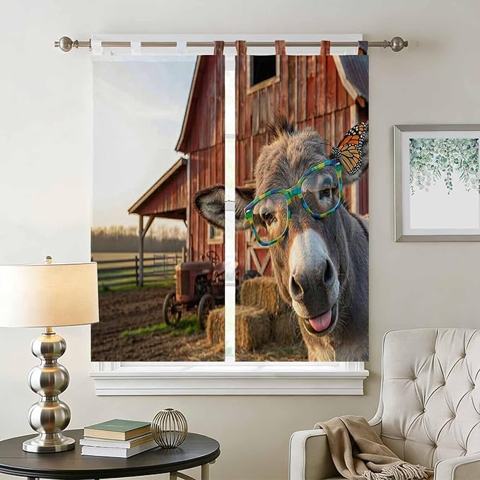 Farm Donkeys Bathroom Curtains 63 Inch Length, Window Curtains Tab Top, Farmhouse Barn Funny Animals Butterfly Light Filtering Window Treatments Drapes 52"x63" 2 Panel