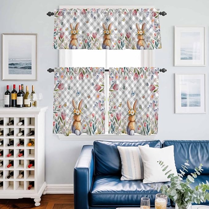 Kitchen Curtains Tiers and Valance Set of 3, Easter Light Filtering Window Curtain Set, Spring Rabbit Butterfly Botanical Florals Grey Plaid Rod Pocket Curtain Drapes for Living Room, 36 Inches Tiers