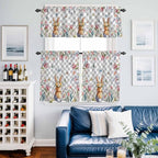 Kitchen Curtains Tiers and Valance Set of 3, Easter Light Filtering Window Curtain Set, Spring Rabbit Butterfly Botanical Florals Grey Plaid Rod Pocket Curtain Drapes for Living Room, 24 Inches Tiers