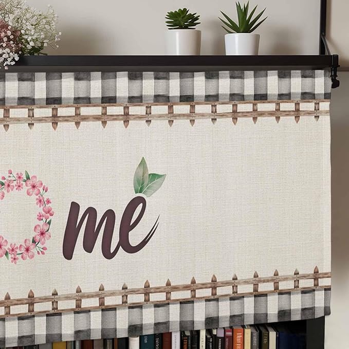 Spring Flowers Curtain Valances for Windows, Kitchen Valance Window Treatment, Vintage Watercolor Black Plaid on Linen Light Filtering Block Curtains for Bathroom/Bedroom/Living Room 42'' x 18''