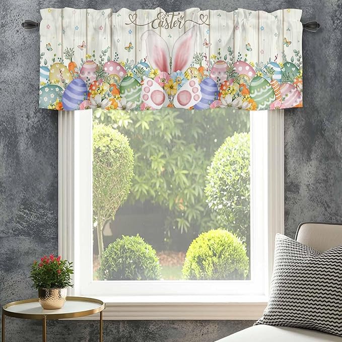 Happy Easter Curtain Valances for Windows, Kitchen Valance Window Treatment, Spring Colorful Eggs Rabbit Ear Feet Flowers Light Filtering Block Curtains for Bathroom/Bedroom/Living Room 60'' x 18''