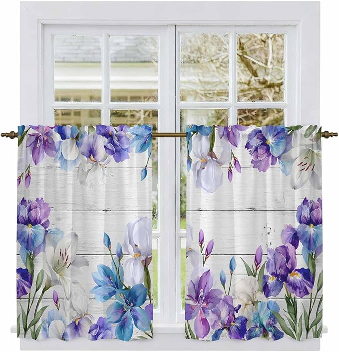 Spring Flowers Kitchen Curtains, Watercolor Garden Florals Wooden Grain Light Filtering Window Curtain Panels, 2Pcs Rod Pocket Window Treatments Set for RV Dining Room Study Room 42x54 Inches