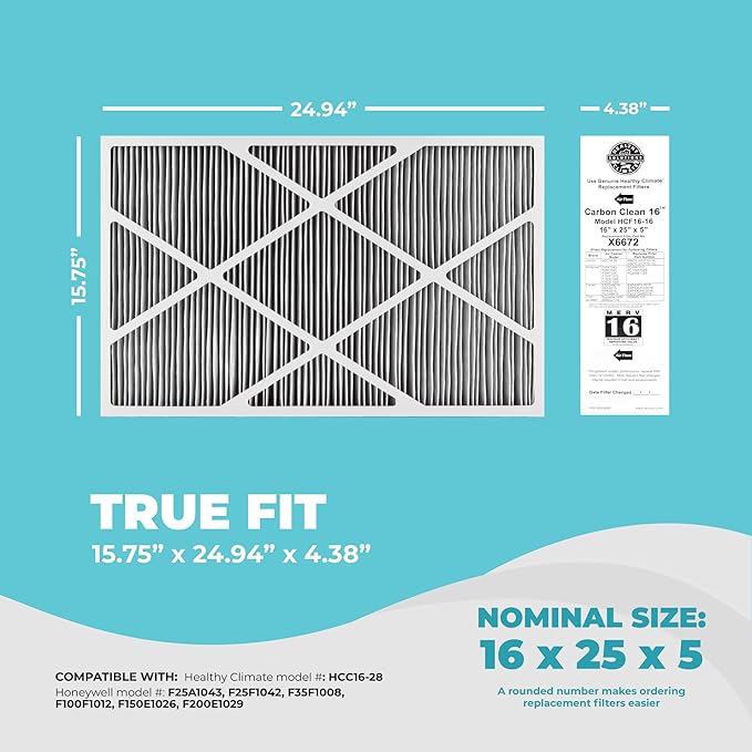 Lennox X6672 16x25x5 Furnace Filter, Lennox Healthy Climate Carbon Clean Merv 16 Home HVAC Air filter, 3 Pack with Cleaning Cloth