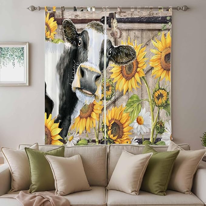 Retro Farmhouse Flower Living Room Curtains 84 Inch Length, Window Curtains Tab Top, Yellow Sunflowers Cow Barn Doors Brown Light Filtering Window Treatments Drapes 52"x84" 2 Panel