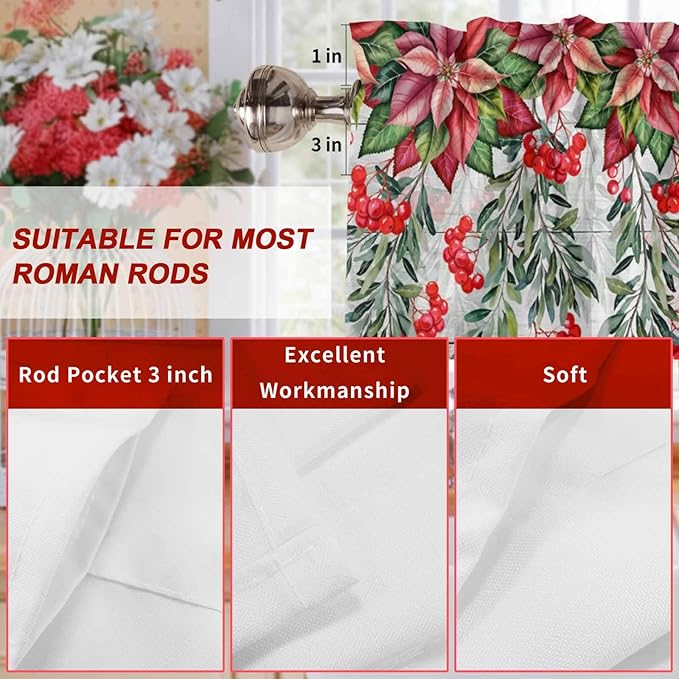 Poinsettia Berry Valance Curtains for Kitchen, Red Floral Winter Plants Vintage Wood Grain Privacy Rod Pocket Valance Curtain, Light-Filtering Window Treatment for Bedroom Bathroom, 42"x12"