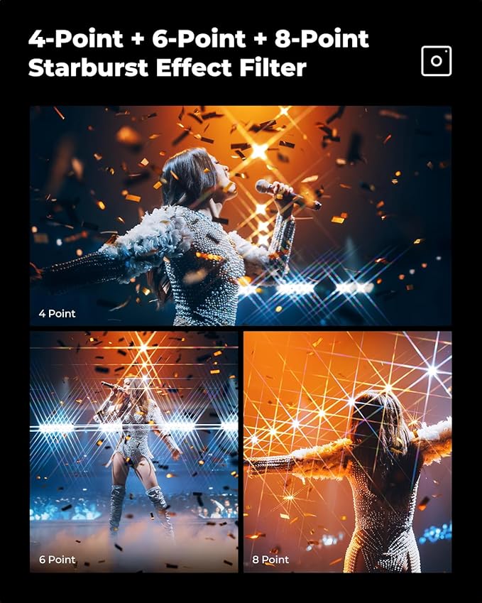 K&F CONCEPT 62mm Star Filters Kit (3pcs) 4 Points 6 Points 8 Points Cross Screen Starburst Filters Set -18 Layer Coating Ultra Slim Optical Glass Camera Lens Filter with 3 Cleaning Cloth