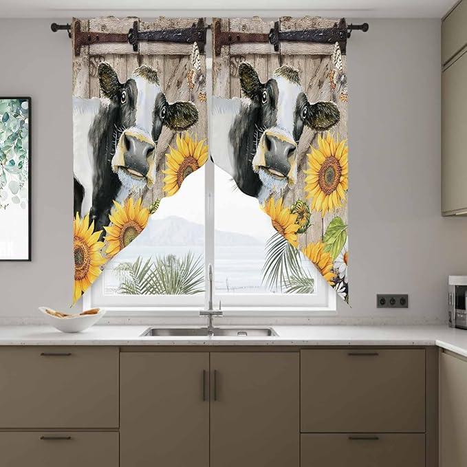 Retro Farmhouse Flower Swag Valances for Windows, Yellow Sunflowers Cow Barn Doors Brown Rod Pocket Kitchen Curtains Valance, Small Window Curtains Swag for Cafe Living Room, 2 Panels, 28x36 inch