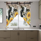 Retro Farmhouse Flower Swag Valances for Windows, Yellow Sunflowers Cow Barn Doors Brown Rod Pocket Kitchen Curtains Valance, Small Window Curtains Swag for Cafe Living Room, 2 Panels, 28x36 inch
