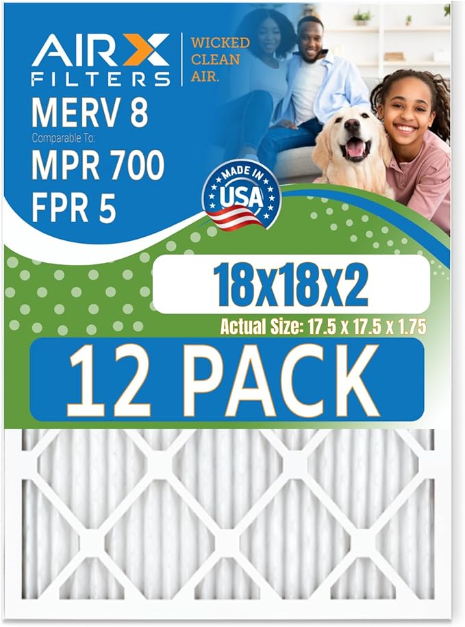 18x18x2 Air Filter MERV 8 Rating, 12 Pack of Furnace Filters Comparable to MPR 700 & FPR 5 - Made in USA by AIRX FILTERS WICKED CLEAN AIR.