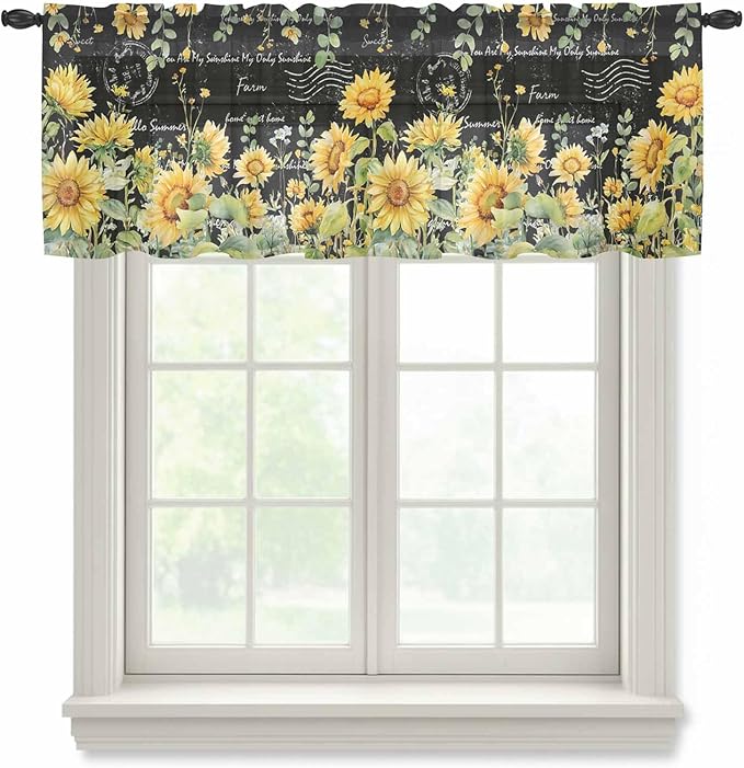 Summer Floral Sheer Valance Curtains, Watercolor Sunflower Eucalyptus Leaves Letter Print Light Filtering Kitchen Valances Rod Pocket Voile Curtain Treatment for Bedroom/Living Room/Basement 60Wx18L