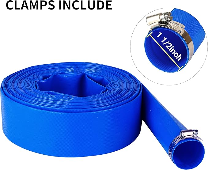 1-1/2"(Flat 2.6’’ width) x 100 FT Pool Backwash Hose, Blue Heavy Duty Reinforced PVC Lay Flat Water Discharge Hose for Swimming Pool Filter Pump,with 2 Clamp