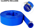 1-1/2"(Flat 2.6’’ width) x 100 FT Pool Backwash Hose, Blue Heavy Duty Reinforced PVC Lay Flat Water Discharge Hose for Swimming Pool Filter Pump,with 2 Clamp