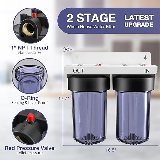 SimPure Whole House Water Filter System, 2 Stages Clear Home Water Pre-Filtration with Carbon and Sediment Filters, Reduce Odor, Chlorine, Taste, Iron, 1" NPT Brass Port, BPA Free(DB10C-2)