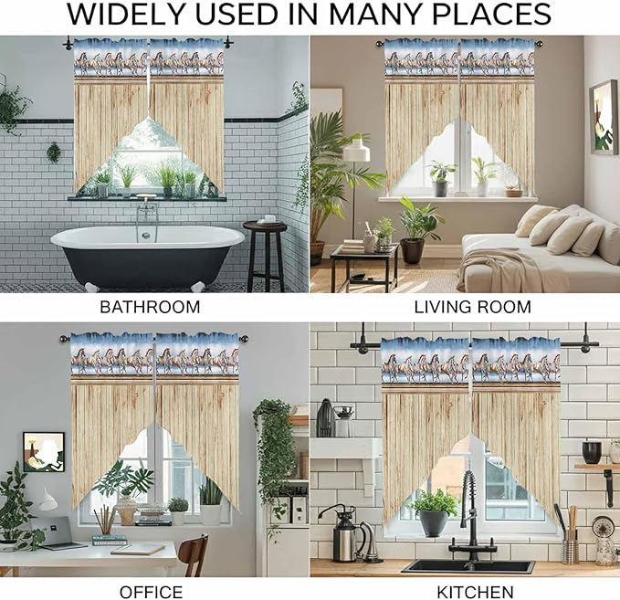 Western Horse Swag Valances for Windows, Farmhouse Wooden Grain Vintage Cowboy Barn Door Rod Pocket Kitchen Curtains Valance, Kitchen Window Curtains Swag for Cafe Living Room, 2 Panels, 36x63 inch