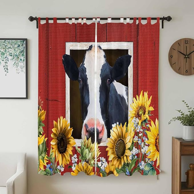Cow Sunflowers Living Room Curtains 96 Inch Length, Window Curtains Tab Top, Botanical Floral Leaves Bees Farm Barn Light Filtering Window Treatments Drapes 52"x96" 2 Panel