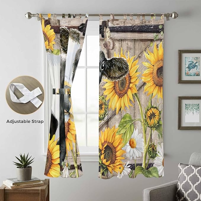 Retro Farmhouse Flower Living Room Curtains 84 Inch Length, Window Curtains Tab Top, Yellow Sunflowers Cow Barn Doors Brown Light Filtering Window Treatments Drapes 52"x84" 2 Panel