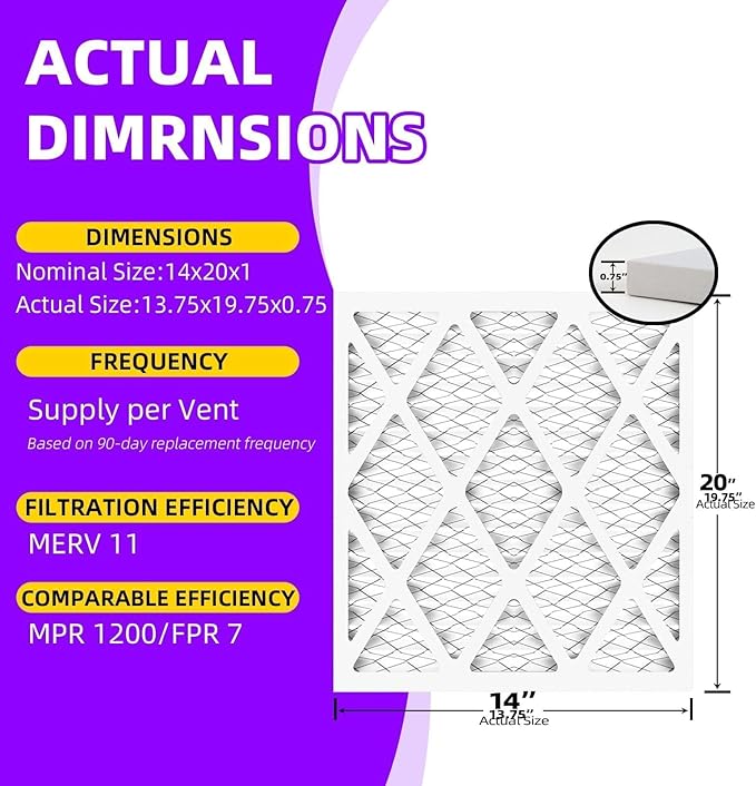 14x20x1 Air Filter (12-Pack) MERV 11 MPR 1200 & FPR 7 Pleated Air Filter (Actual Size: 13.75"x19.75"x0.75"),14x20x1 air filter