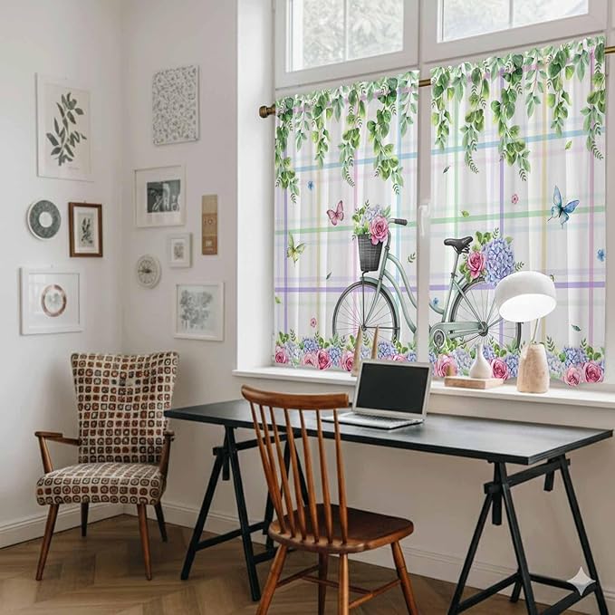 Spring Kitchen Curtains, Bicycles Botanical Leaves Rose Colorful Stripes Light Filtering Window Curtain Panels, 2Pcs Rod Pocket Window Treatments Set for Cabin Bathroom Bedroom 52x45 Inches