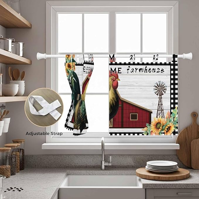 Farmhouse Rooster Kitchen Curtains 24 Inch Length, Small Window Curtains Tab Top, Rustic Red Barn Windmill Sunflowers Light Filtering Short Window Treatments Tier Drapes 27.5"x24" 2 Panel