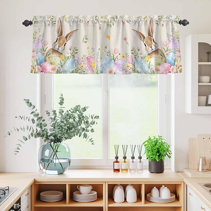 Kitchen Curtains Tiers and Valance Set of 3, Easter Light Filtering Window Curtain Set, Vintage Spring Bunny Eggs Farmhouse Floral Leaves Rod Pocket Curtain Drapes for Living Room, 24 Inches Tiers