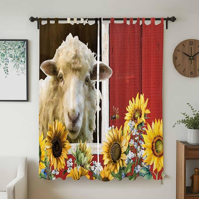 Sheep Flowers Living Room Curtains 96 Inch Length, Window Curtains Tab Top, Country Red Barn Botanical Sunflowers Light Filtering Window Treatments Drapes 52"x96" 2 Panel