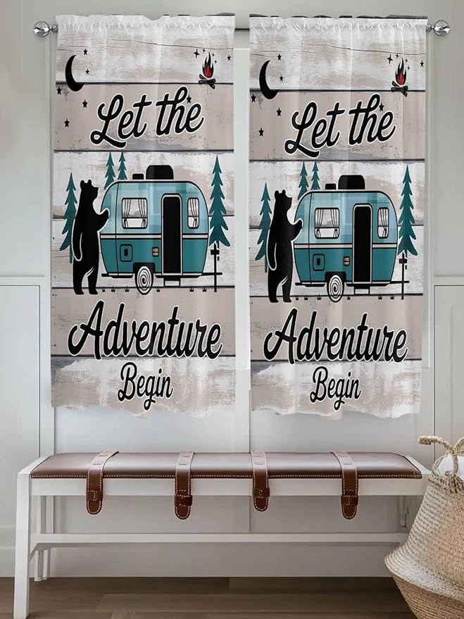 Farmhouse Bear Camper Van Tree Window Valance Curtains, Vintage Wood Grain Light Filtering Kitchen Valance with 3-inch Rod Pocket for Living Room Bathroom Bedroom,2 Panel,42x63In